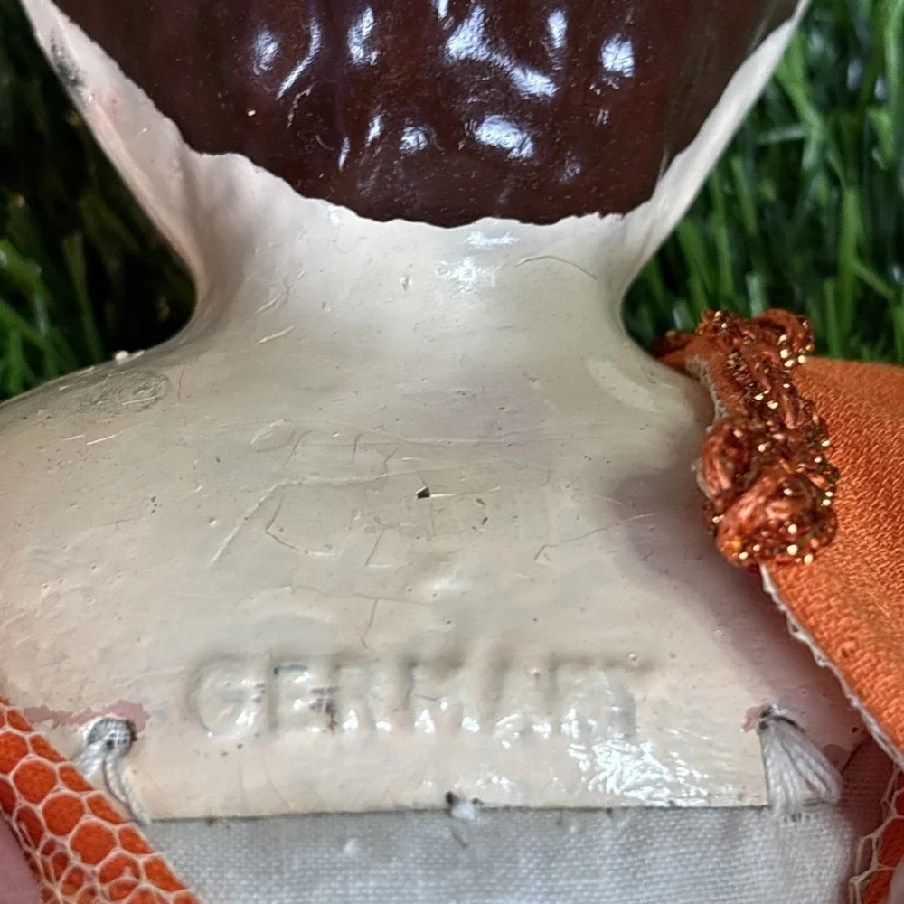 Vintage German Porcelain Doll‎ Orange Dress Hand Painted Face AS IS